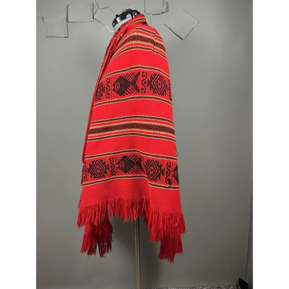 Red Black Woven Geometric Fringe Poncho Cape Shawl Boho Festival One Size